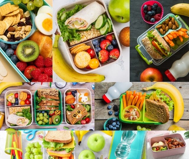 colourful school lunches with wraps, sandwiches, fruit, and vegetables